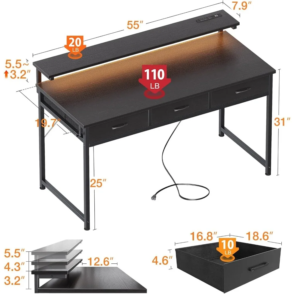 54 Inch Computer Desk with 3 Drawers and USB Power Outlets, Home Office Desks with LED Lights and Adjustable Monitor Stand