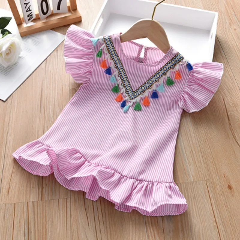 Summer Blue Tassel Flying Sleeve Kids Dresses for Girls Stripe Cute Party Princess Dress Pink Tops Clothes Baby Girl Clothing