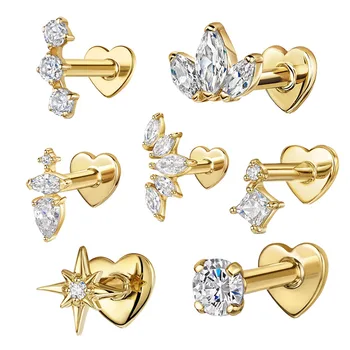 BOAKO 925 스털링 실버 럭셔리 기하학 지르콘 스레드 귀걸이 여성을위한 남성 하트 모양의 플랫 헤드 연골 피어싱 1 조각