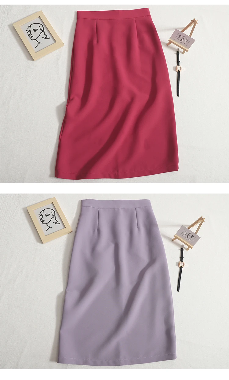 Simple Mid-length Skirt Solid Color High Waist Skirt Korean Elegant Back Split One-step Skirts Office Wear