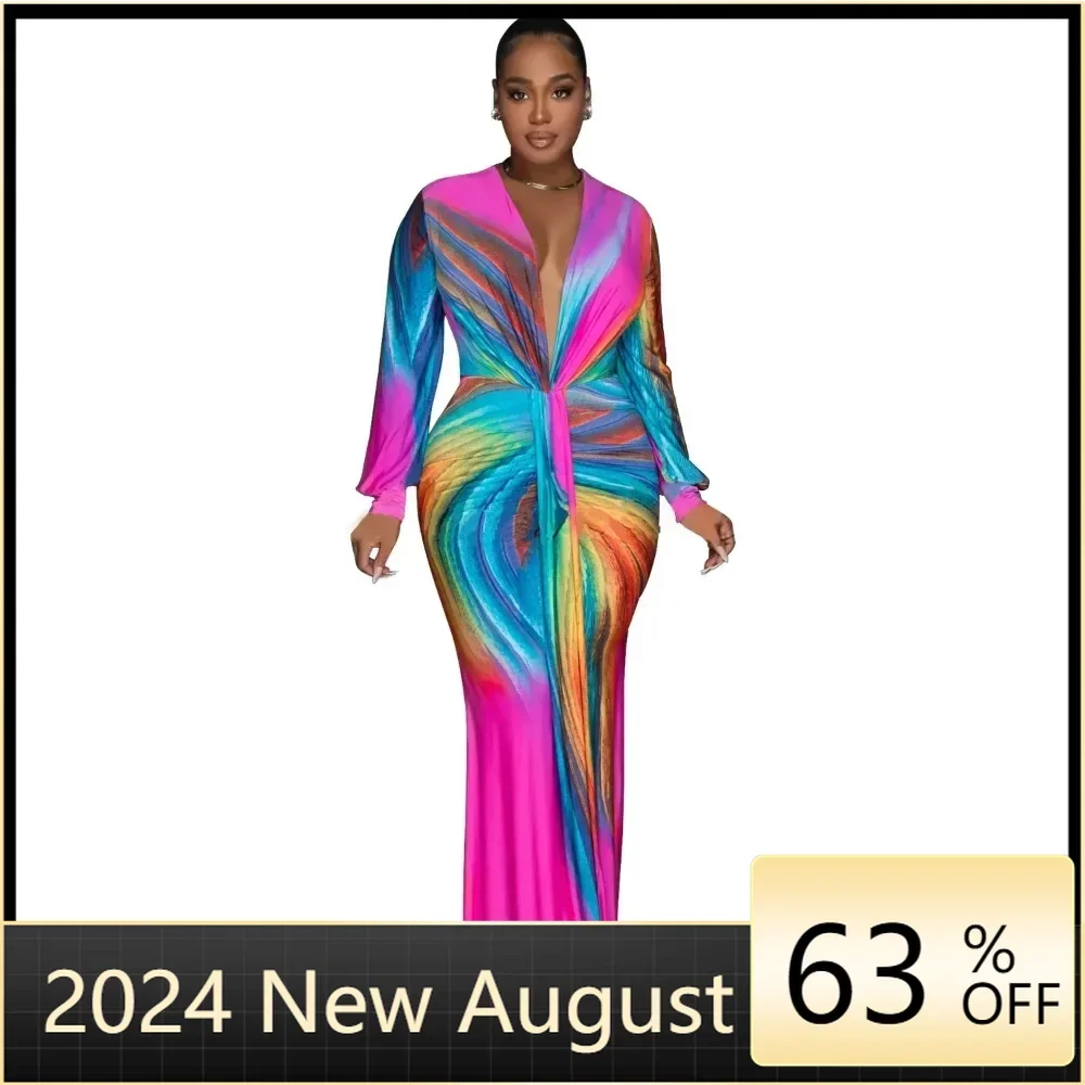 

Africa Dress for Women for Evening Party 2024 Autumn Long Sleeve V-neck Polyester Long Maxi Dress Outfit Dashiki Africa Clothing