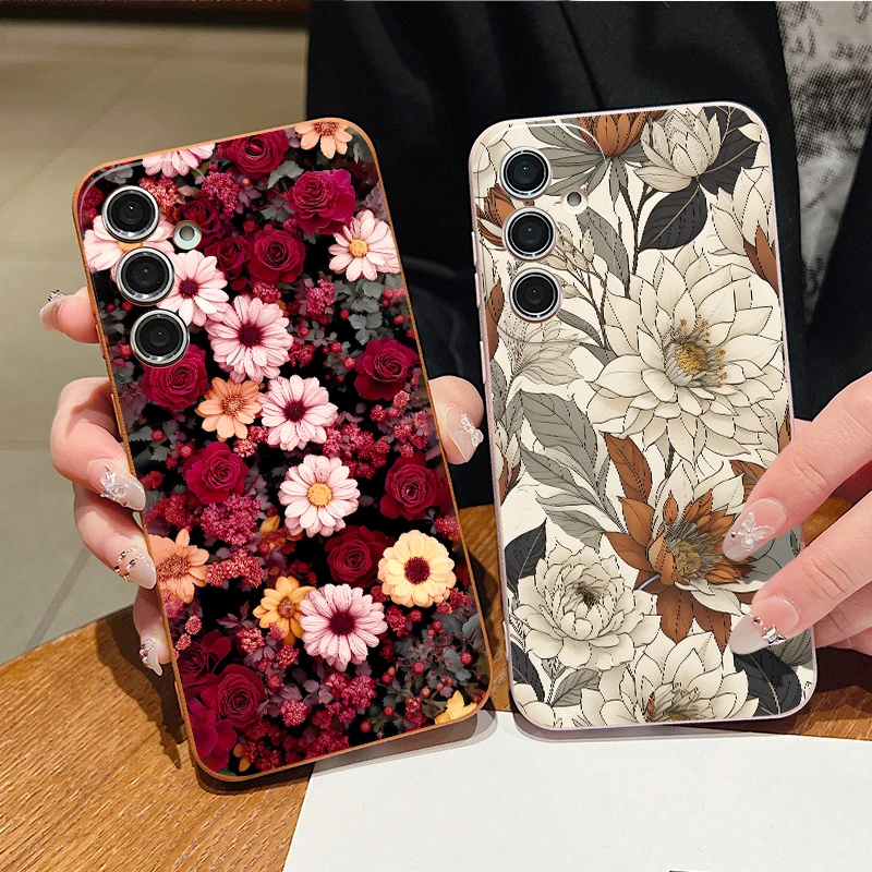 Red White Flowers Pattern Phone Case For Samsung Galaxy S26 S25 S24 S23 Ultra S22 Plus S24 S25 FE Soft TPU Leather Texture Cover