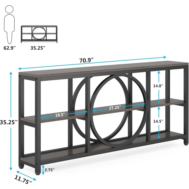 70.9 inch Sofa Console Table, Extra Long Narrow Entryway Tables with 3 Tier Wood Storage Shelves Metal Frame for Foyer Hallway