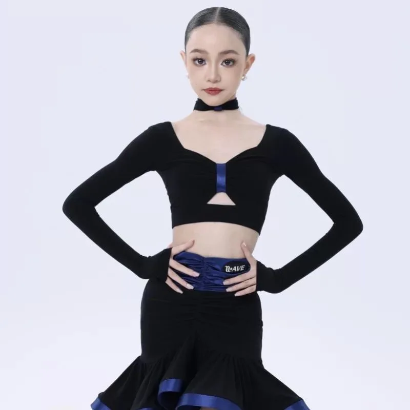 Ropa de baile de línea para mujer, Ropa de baile azul y negro, nuevo traje de baile latino, traje de escenario, vestido de baile, vestido de Flamenco, traje de escenario para niña
