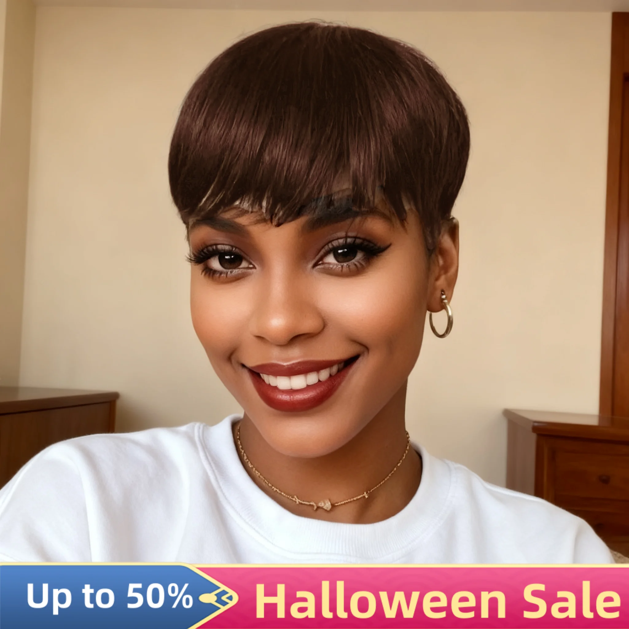 Chic Elegent Human Hair Pixie Cut Full Machine Made Wigs for Women