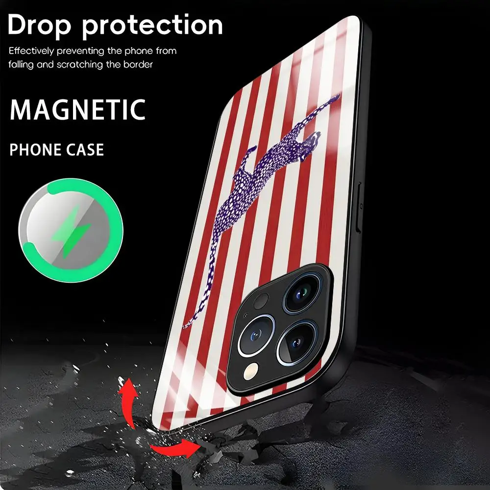 Funda de teléfono para iPhone17 16 15 14 13 12 11 X XR XS 8 Plus Mini Pro Max funda magnética de cristal fondo a rayas animal, leopardo