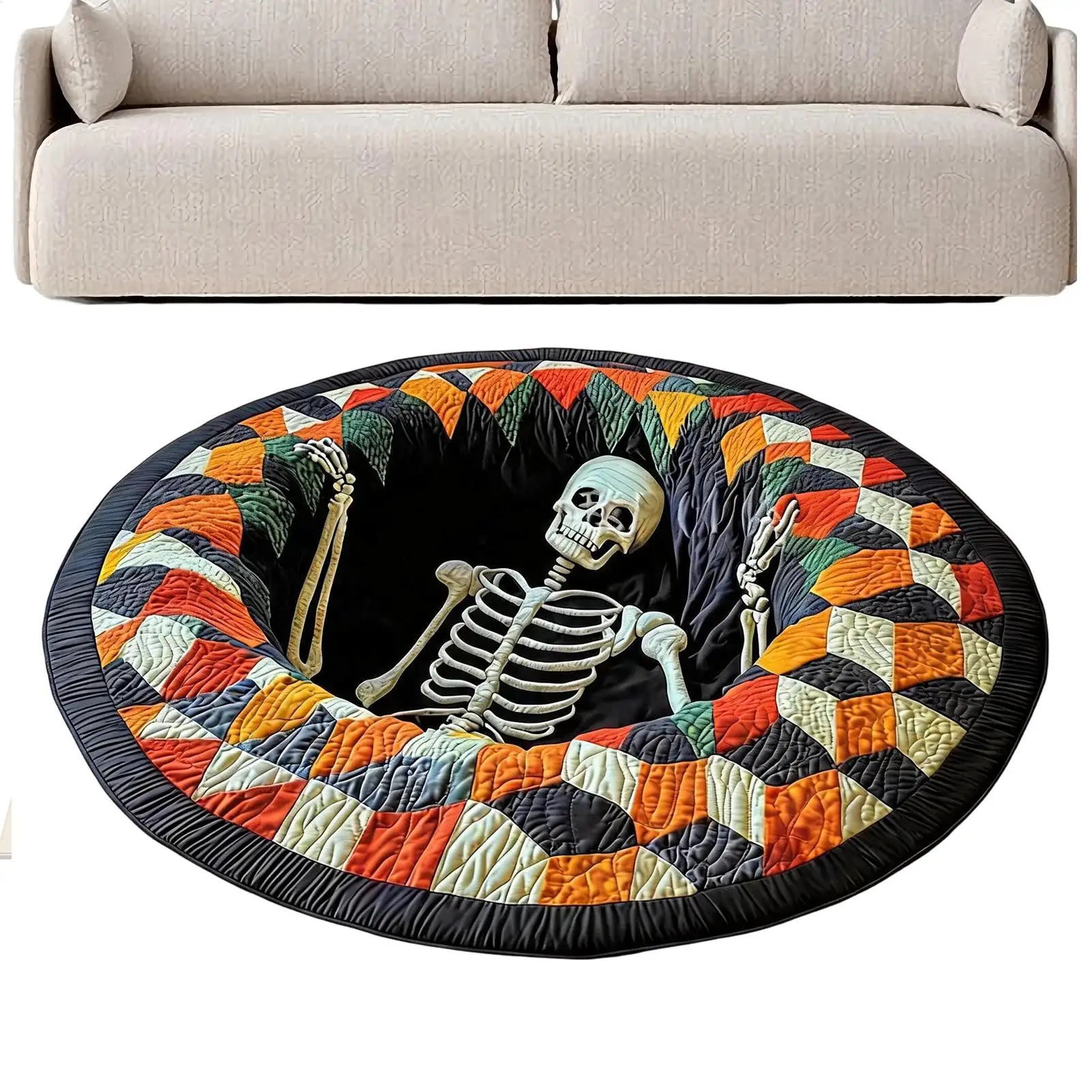 Halloween Floor Mat Optical Illusion Round Non-Slip Rug Funny Horror Area Mat for Home Apartment Festival Living Room Game Room