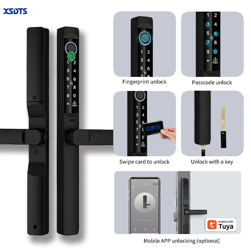 Tuya App Smart Door Lock Waterproof Fingerprint Password Card Bridge-Cut For Outdoor Pull Push Sliding Grille Door