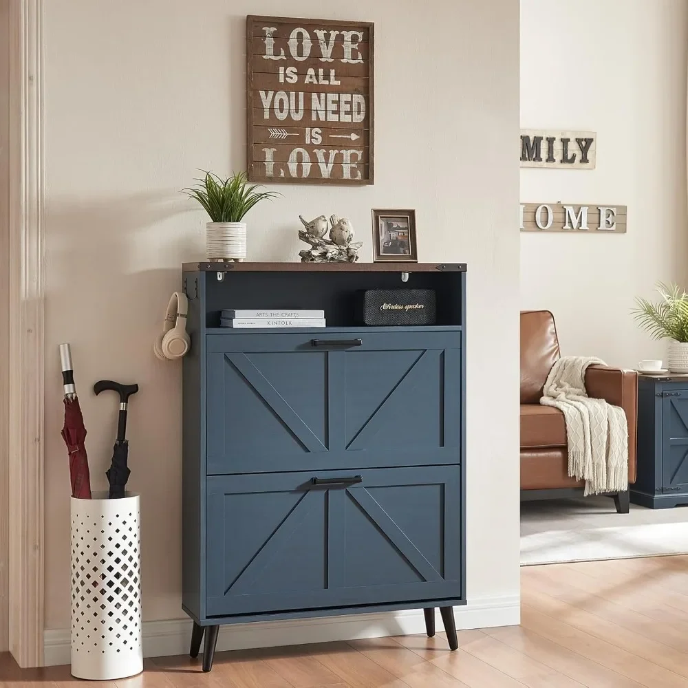 

Farmhouse Shoe Storage Cabinet – 2 Flip Drawers with Barn Door Design, Narrow Hidden Freestanding Shoe Rack for Entryway