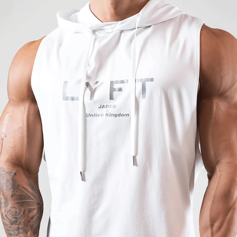 Men\'s Workout Hooded Tank Tops Bodybuilding Muscle Cut Off T Shirt Sleeveless Gym Hoodies