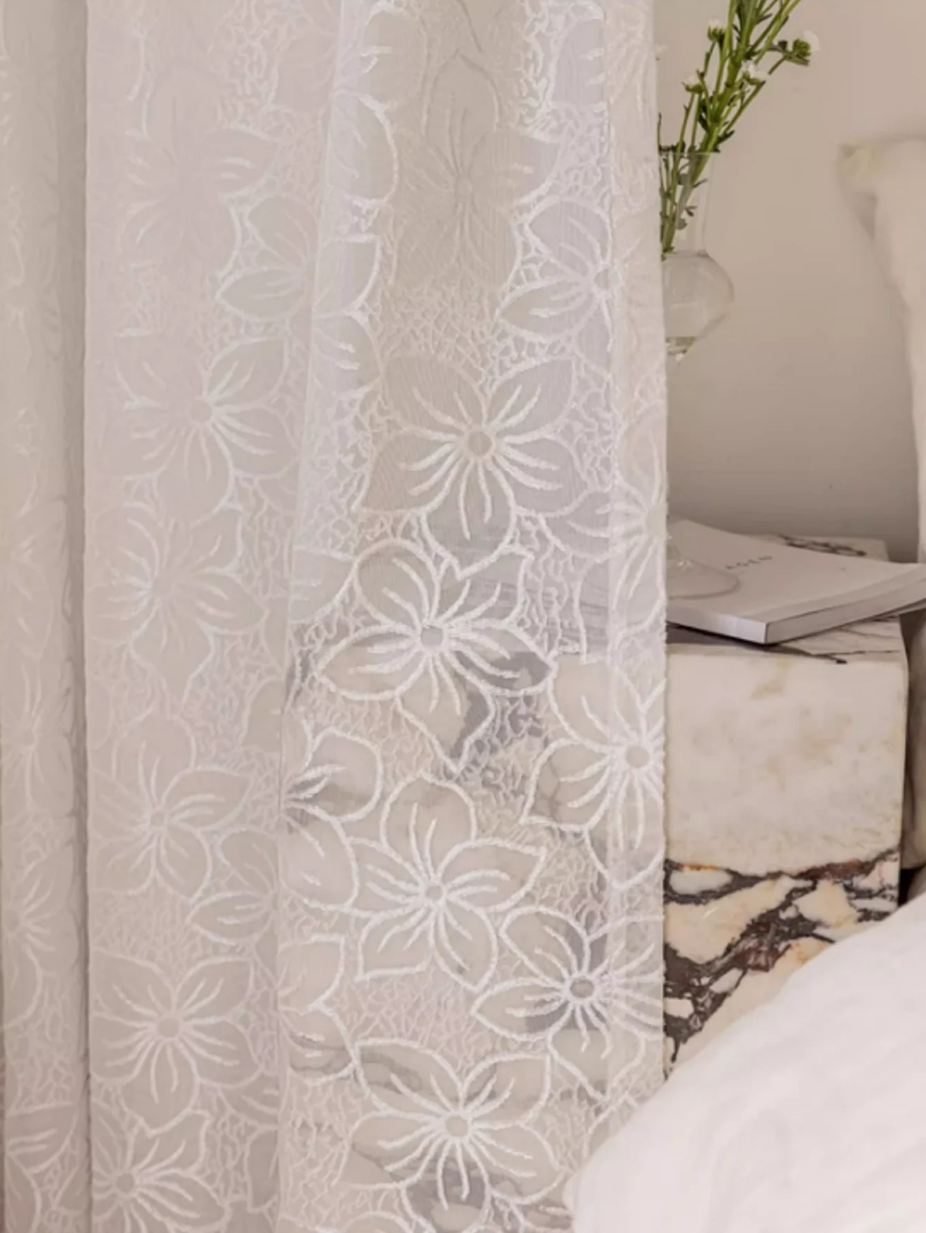 1pc Elegant Beige Flower Jacquard Gauze Curtains Transparent Curtains Suitable for Bedrooms and Living Rooms
