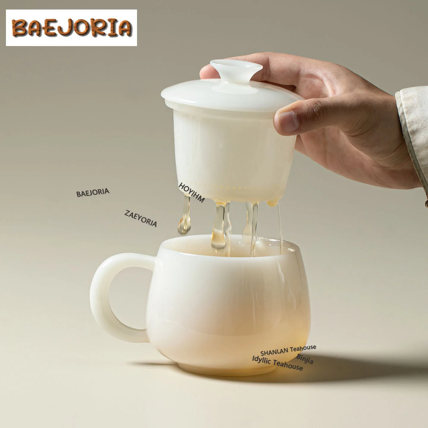 BAEJORIA 350ml Dehua Jade Porcelain Filter Tea Separator Cup Vintage Tea Mug With Infuser Tea Maker Office Water Cup Decoration