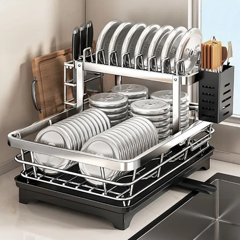Stainless Steel Dish Drying Rack, Dish Rack, Plate Rack with Drain Tray, Knife Holder, Countertop Organizer for Bowls & Utensils 4