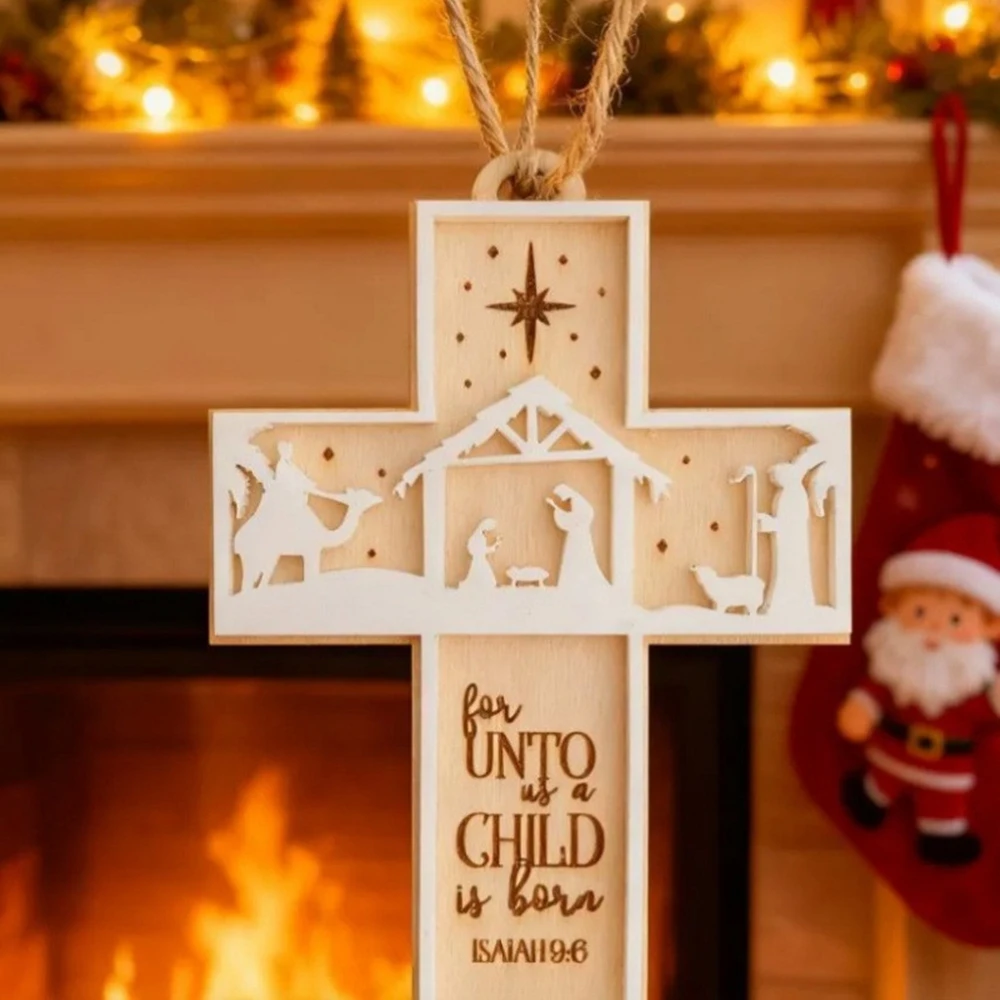 Laser-Cut Wooden Cross Ornament with Nativity Scene Engraved Christmas Religious Wall Hanging Pendant for Christian Home Decor ﻿