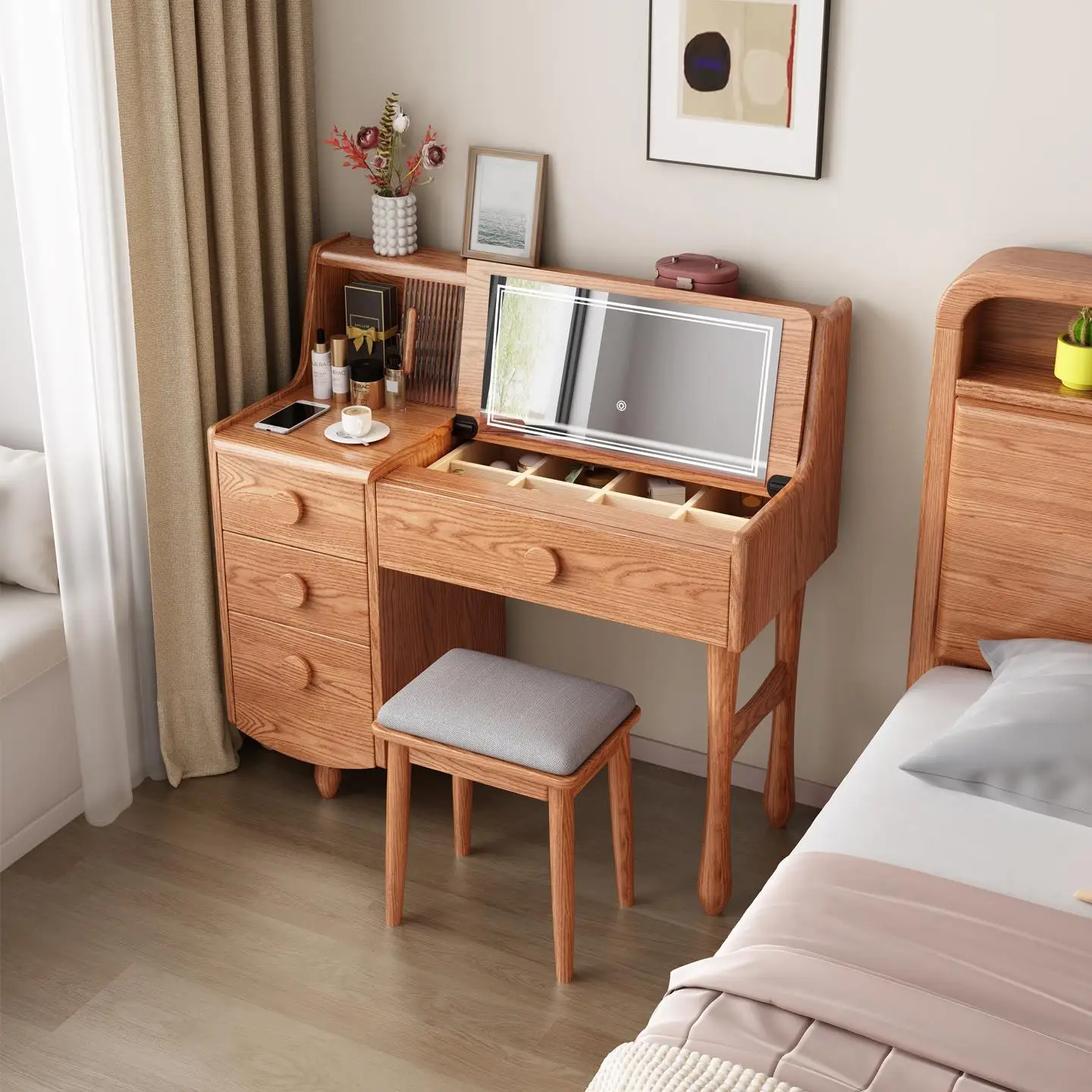 Simple flip cover all solid wood ash wood bedroom small apartment multi-functional drawer versatile makeup table small table