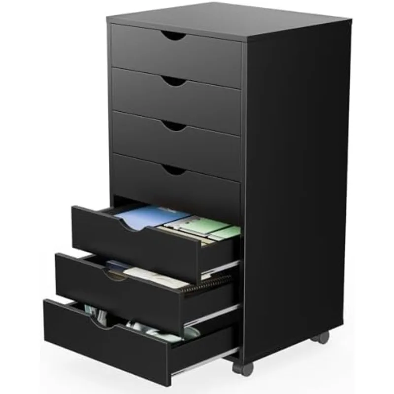 

7 Drawer Chest Mobile Storage Cabinets Wooden Dresser with Wheels Room Organization Furniture for Office Home, Black
