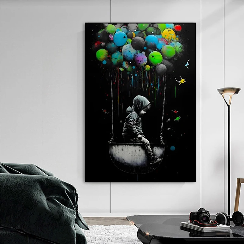 

Banksy Graffiti Art Canvas Painting Little Boy Sitting In Hot Air Balloon Posters and Prints Wall Art for Living Room Home Decor