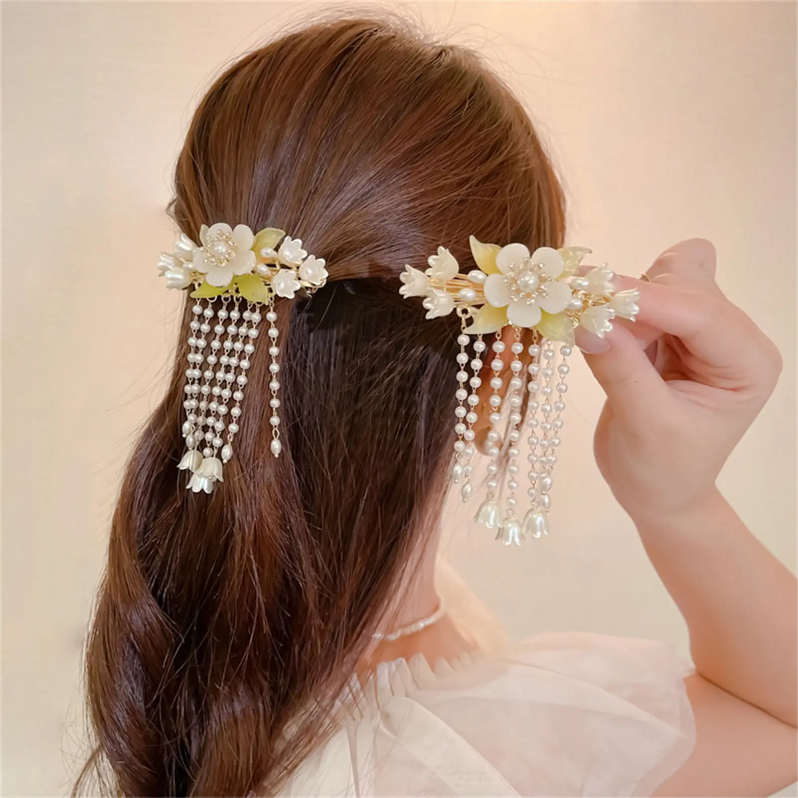 Vintage Flower Tassel Hair Clip For Women Elegant Pearl Bell Orchid Hair Clip Exquisite Dress Cheongsam Hanfu Hair Accessories view 2