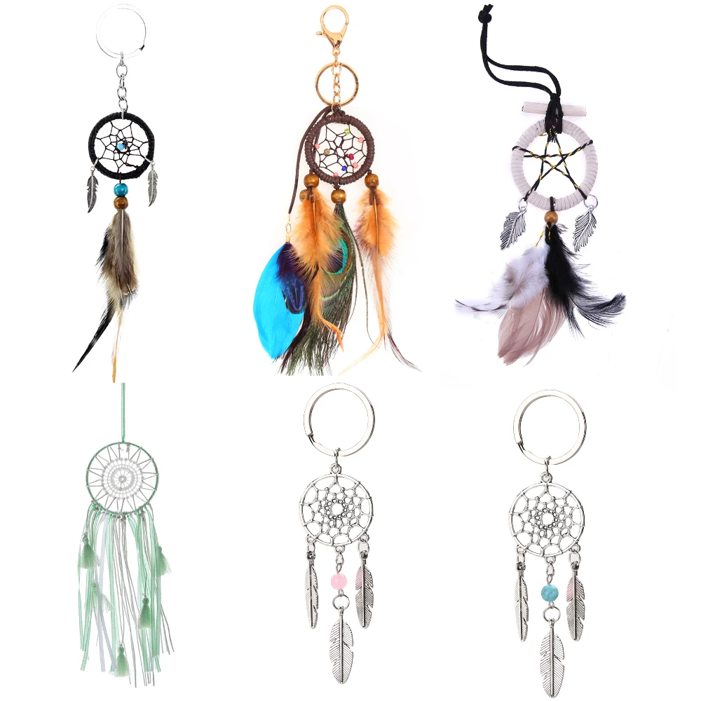 Pink Green Beads Dreamcatcher Feather Wind Dream Catcher Key Chain Women Vintage Bohemian Style Keychain