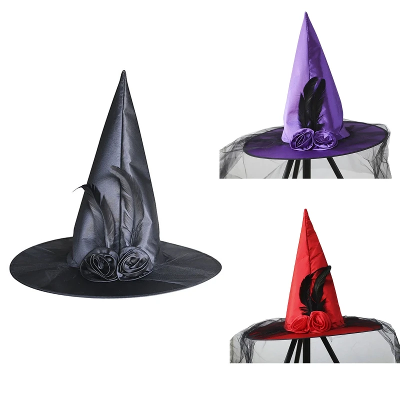 

Adult Kids Witch Hats with Feather Rose Veil Masquerade Wizard Hat Cosplay Costume Halloween Party Fancy Dress Drop Shipping