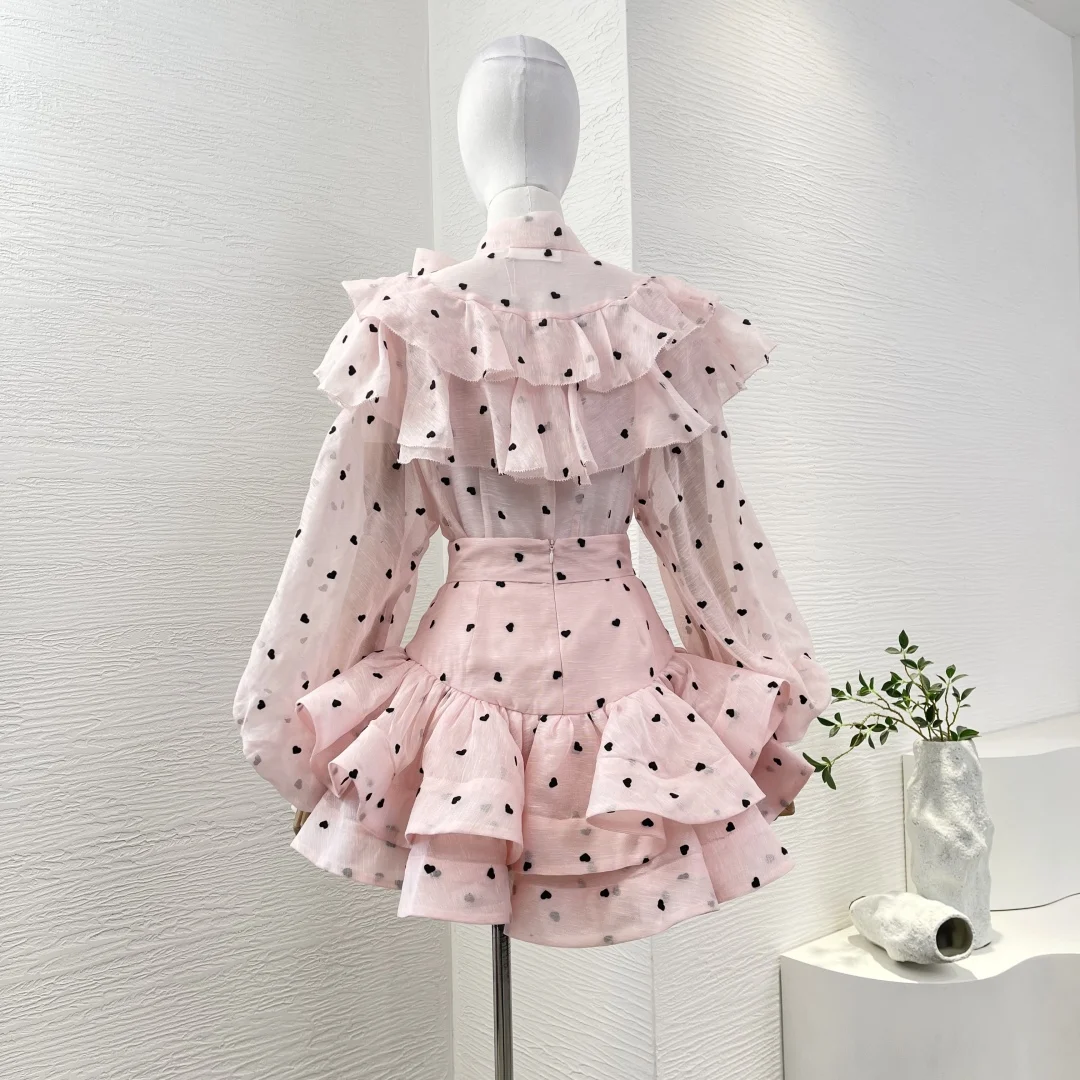 リネンとシルクのブラウスとミニケーキスカートのセット,ハート型,水玉模様,ランタンスリーブ,ピンクシリーズ,2020