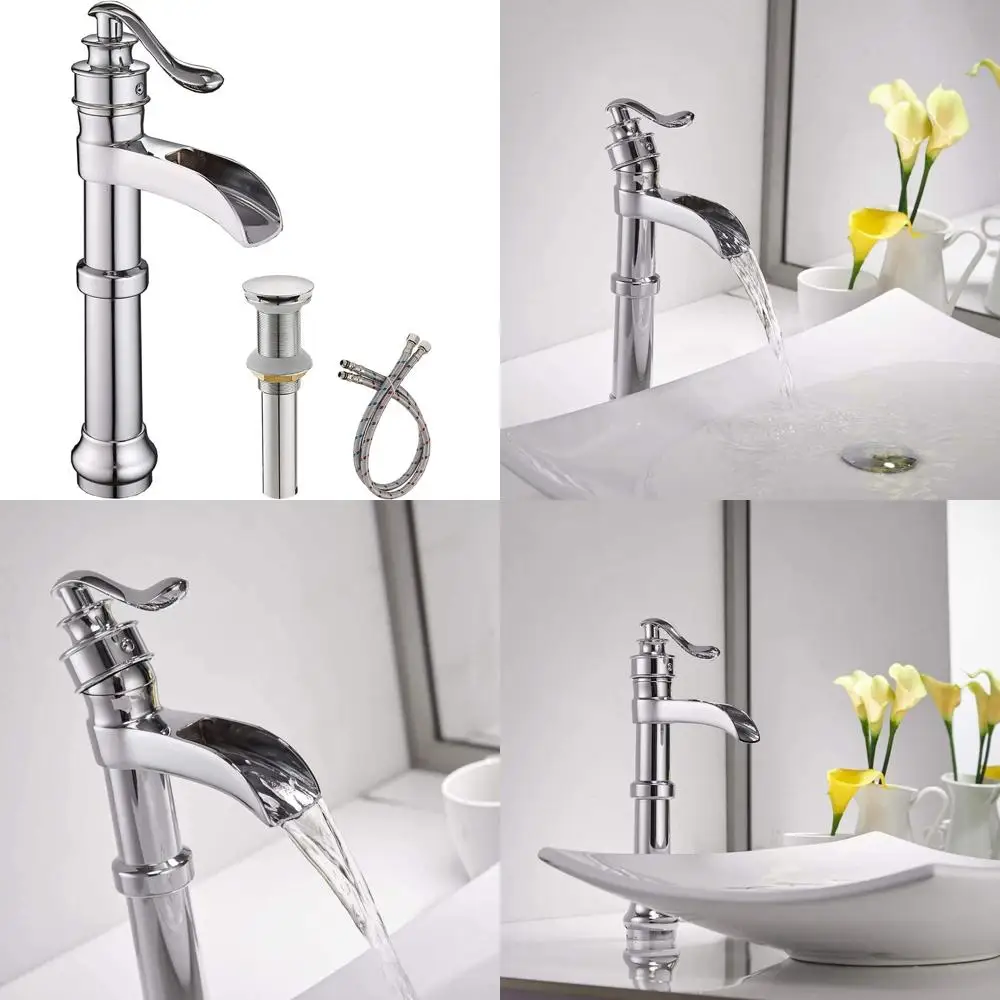 

Vessel Sink Faucet Chrome Waterfall Bathroom Faucets for Sink 1 Hole Single Handle Parts with Pop Up Drain Assembly Vanity Comme