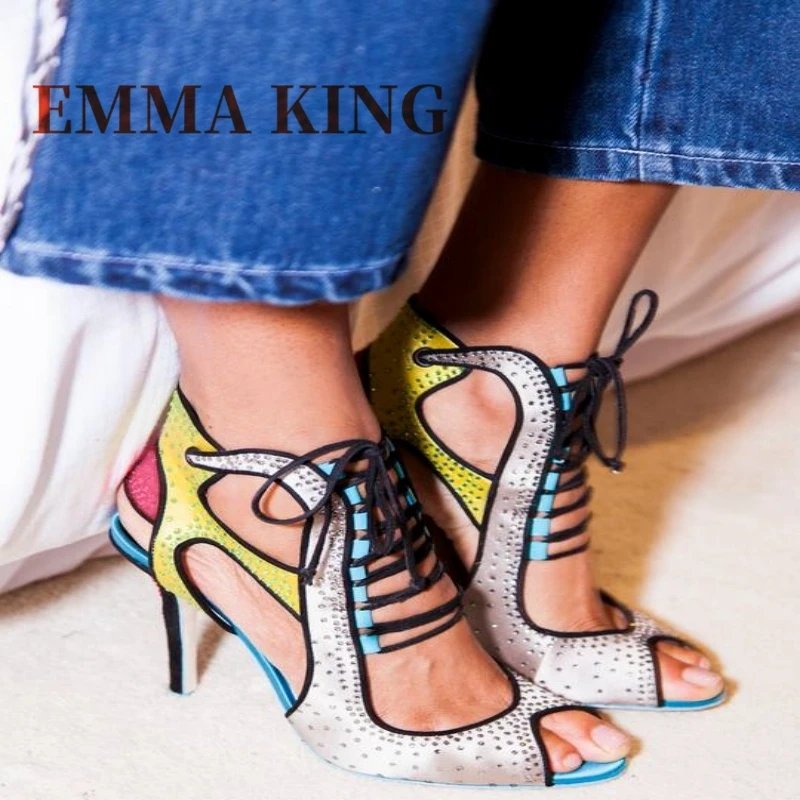 

Multicolor Satin Crystal Embellished Sandals Women Peep Toe High Heels Elegant Sandals Fashion Party Ankle Strap Satin Shoes