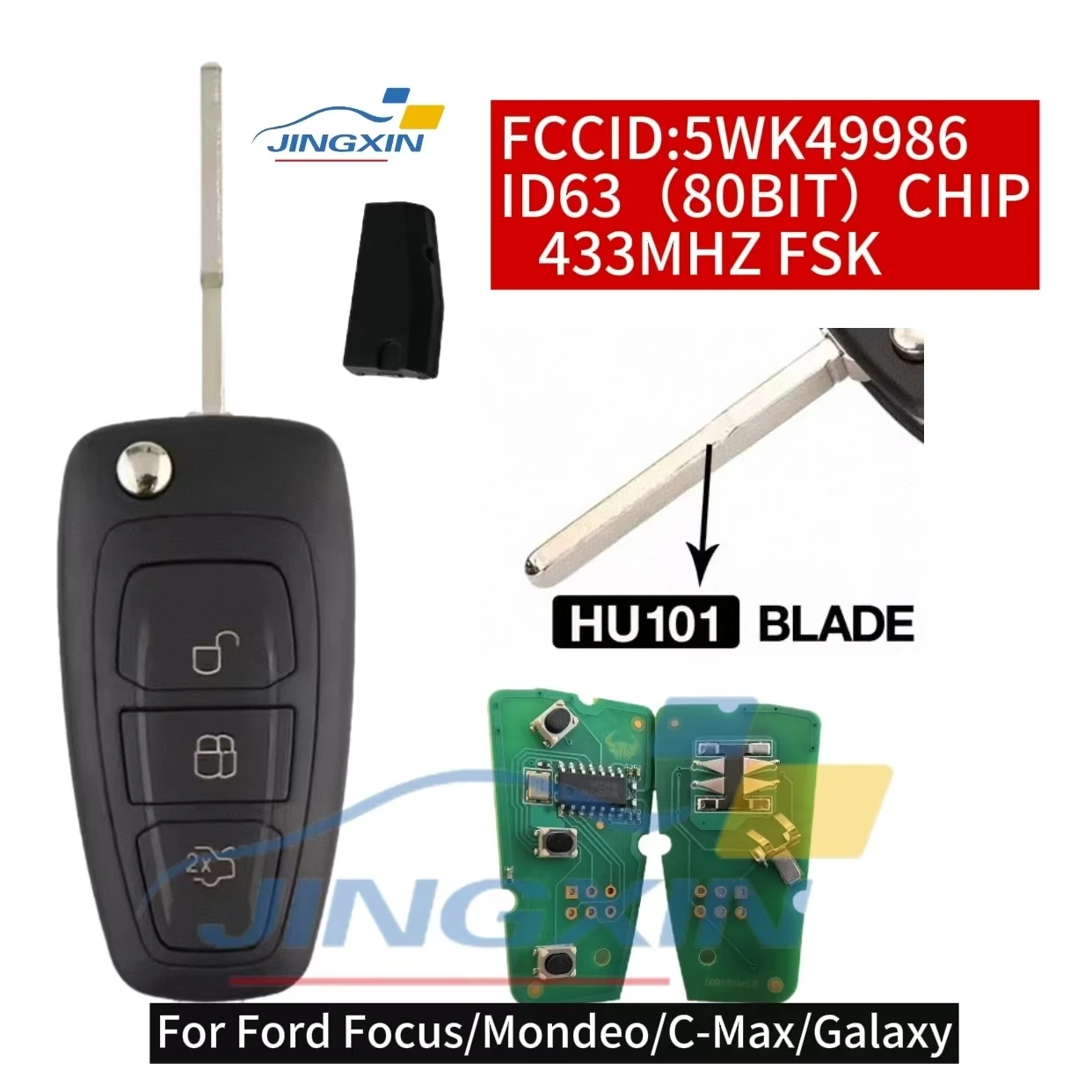 Jingxin 3Button 433Mhz 4D60/63+ Chip 5WK49986 Flip Remote Car Key For Ford Mondeo/Focus/C-Max/Grand C-Max/Galaxy/S-Max 2010-2013