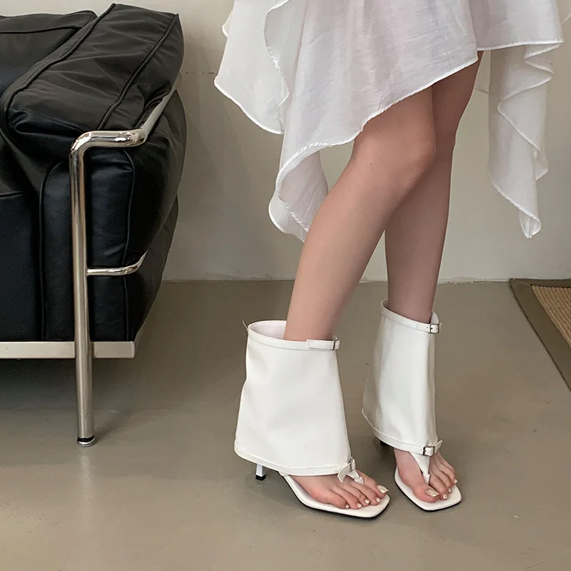 

Женские летние ботинки с открытым носком на высоком каблуке, дизайнерские, из качественной кожи, с зауженным носком, в стиле брючных брюк, для лета