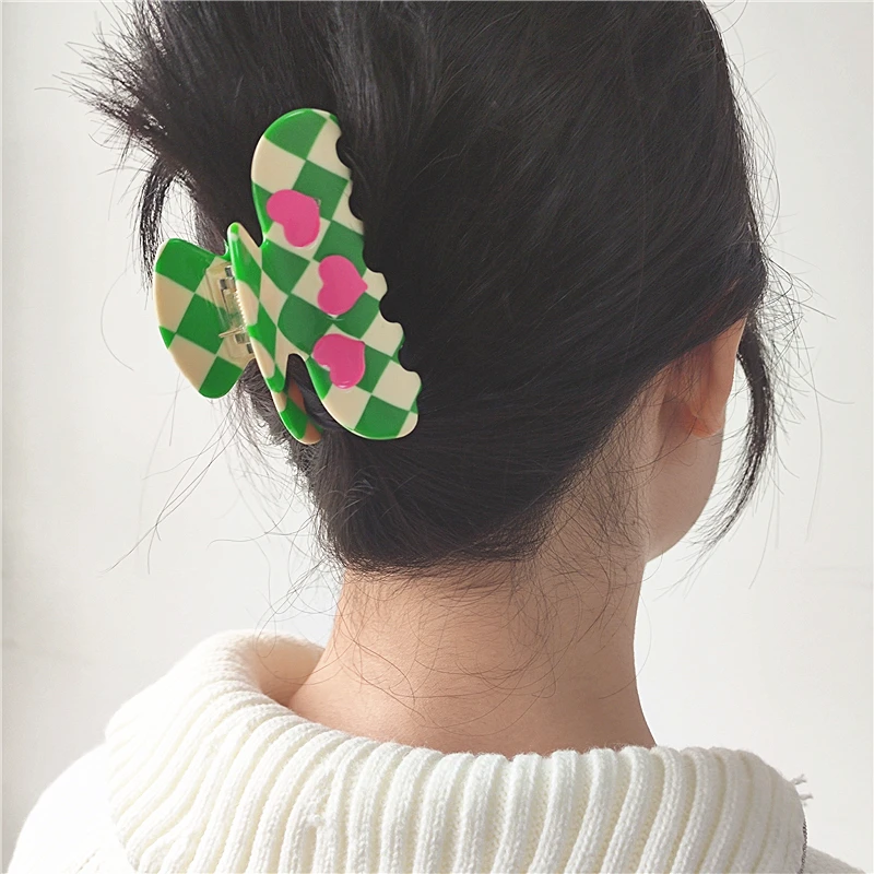 HANGZHI Retro Checkered Cherry Shark Hair Claw Pink Heart Lemon Print Ponytail Hair Clip for Women 2023 New Trendy Headwear