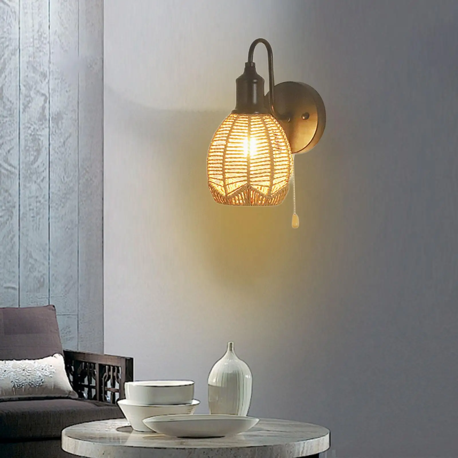 Wall Lamp E26 Bathroom with Switch Home Rope Woven Wall Sconce Light Fixture