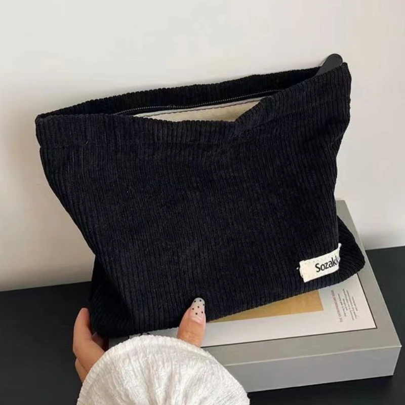 Solid Color Corduroy Cosmetic Bag Fashion Zipper Clutch Phone Purse Cotton Cloth Makeup Pouch Travel Toiletry Bag Organizer Case