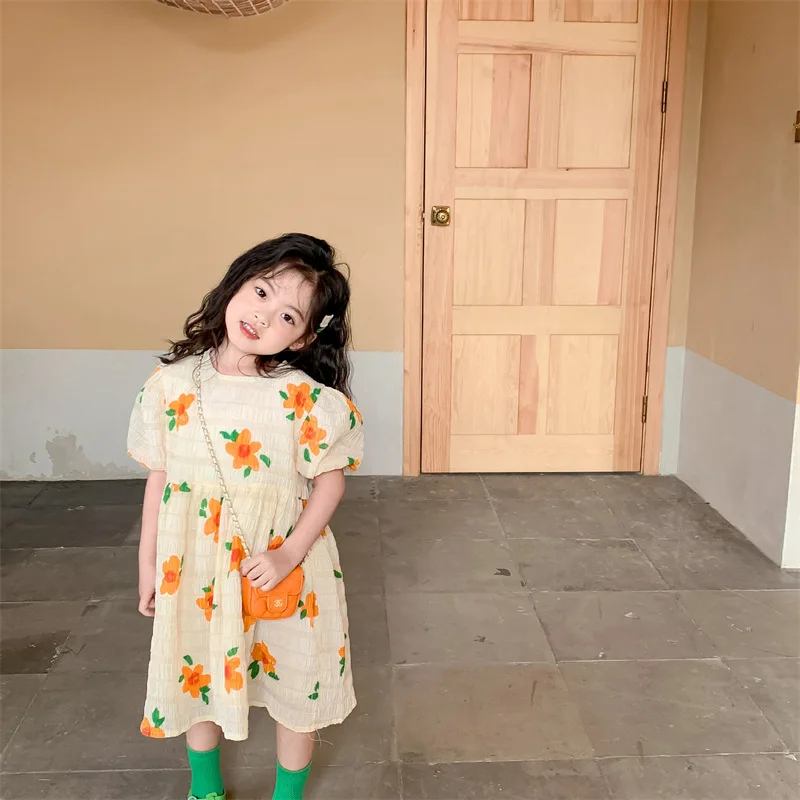 2024 Pastoral  summer girls orange flower puff sleeve dresses children\'s floral Short sleeve princess dress