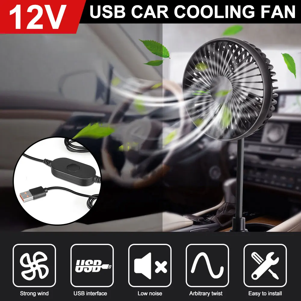 USB Car Cup Holder Fan Car Cooling Fan Portable 3 Speed Adjustable Vehicle Fan