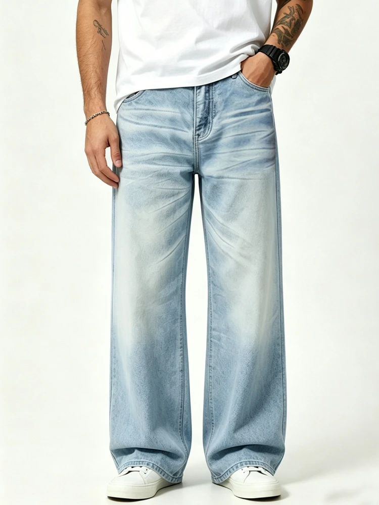 

Men Washed Cotton Jeans Solid Color Printed Trendy Street Style Blue Male Denim Pants Loose Straight Leg Trousers Daily Outings
