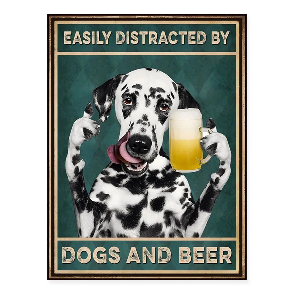 Easily Distracted By Dogs And Beer Vintage Poster, Dalmatian Dog Drinking Beer Poster, Funny Dog Mom Beer Drunk Poster Gift