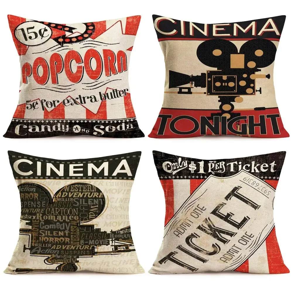 Movie projector pattern linen pillowcase, living room sofa cushion cover, home decoration, stylish home pillowcase 40x40