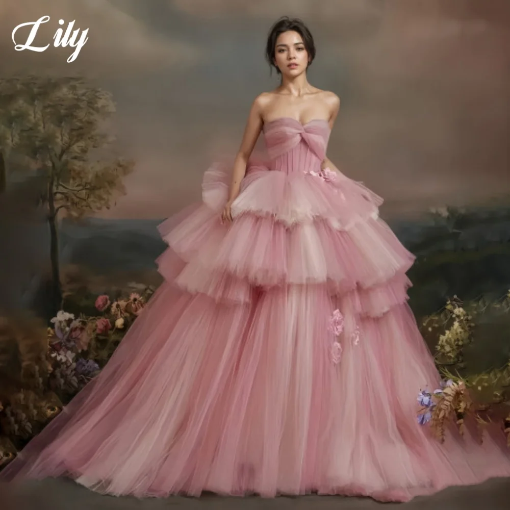 

Lily Pink Elegant Formal Gown Sweetheart Backless Prom Dress Layered A-Line Sleeveles Evening Dress for Woman 프롬 드레스 Customized