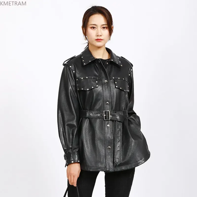 High Quality Womens Leather Jacket Genuine Sheepskin Leather Jackets Woman Mid-length Real Leather Coat Lace-up Casaco Feminino