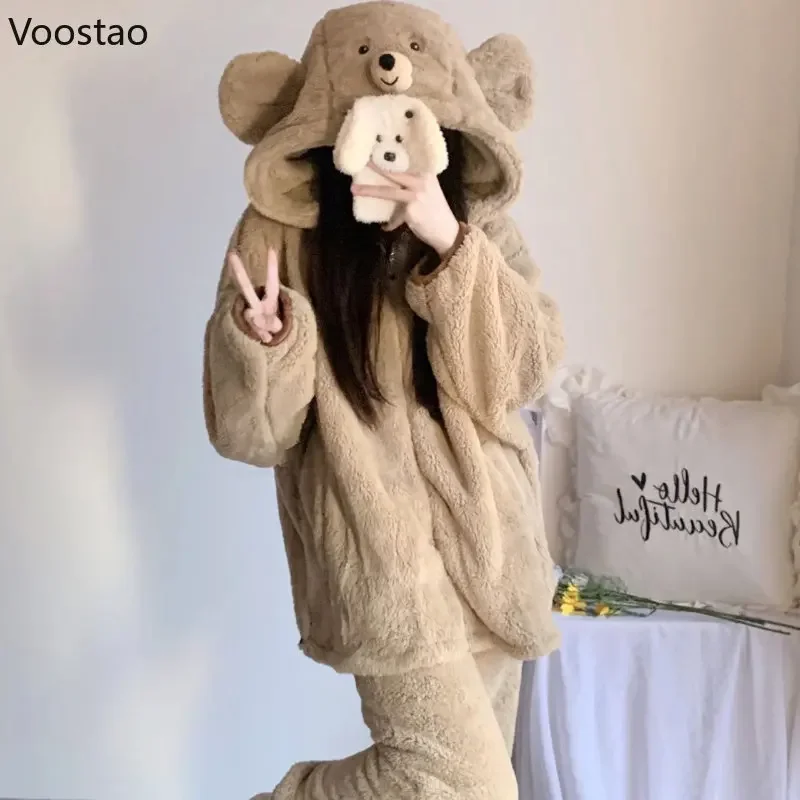 Conjunto de pijama con capucha y orejas de oso para mujer, ropa de dormir bonita de lana de Coral, ropa de casa cálida Kawaii, conjunto de 2 piezas,