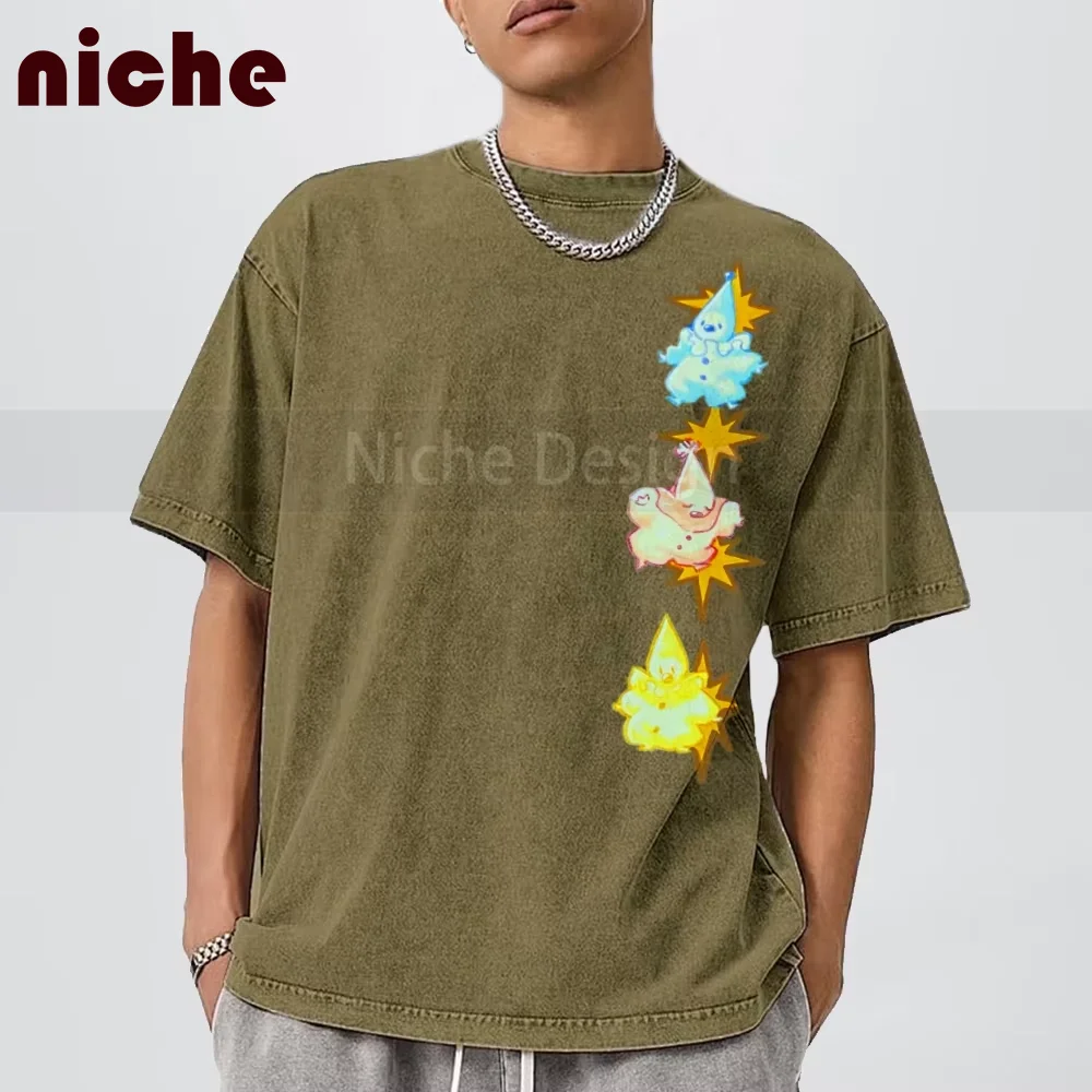 

Retro Washed Neutral T-Shirt Cartoon Fun Lightning Snowman Printing Cotton Soft Material Love Girlfriend Gift Custom Casual Wear