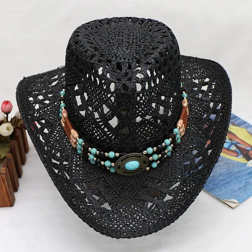 Hot Sale ！Unisex Straw Cowboy Hat with Decorative Bands Hollow Breathable Design Ultralight Cowgirl Woven Sun Hat