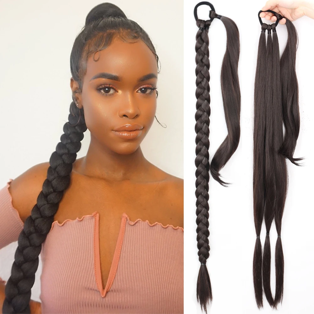 

Long Straight Braided Ponytail Wrap Around Hair Extensions DIY 85cm Black Blonde Braid Synthetic Hairpieces For Women