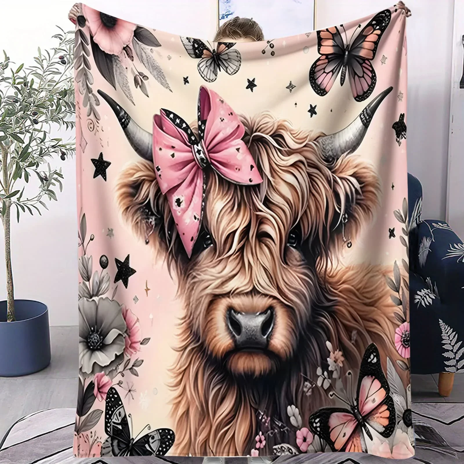 Niedliche Hochlandkuh-Flanelldecke, Blume, Schmetterling, Schlafzimmer, Überwurf, Sofa, Kinderdekoration, Campingdecke, Paare, Familie, Freunde, Tier