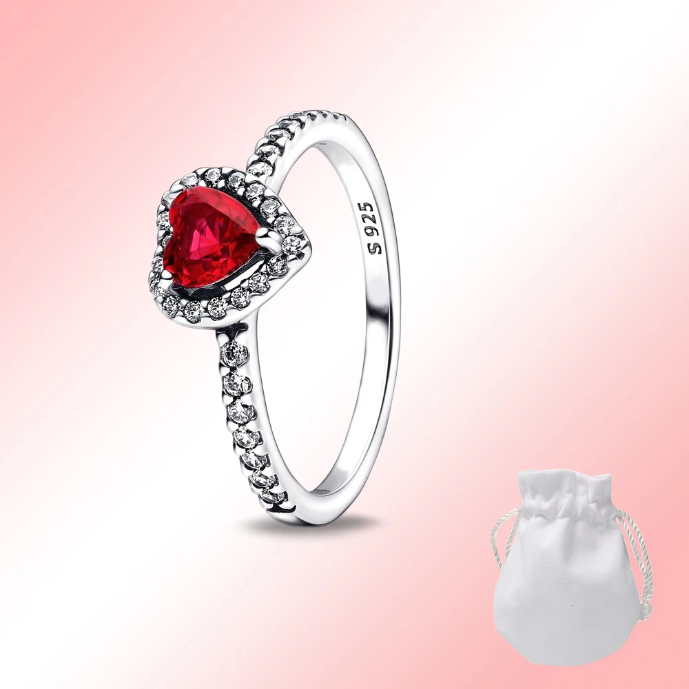 925 Sterling Silver Raised Red Crystal Heart Ring For Women Engagement and Valentine's Day Jewelry Gift