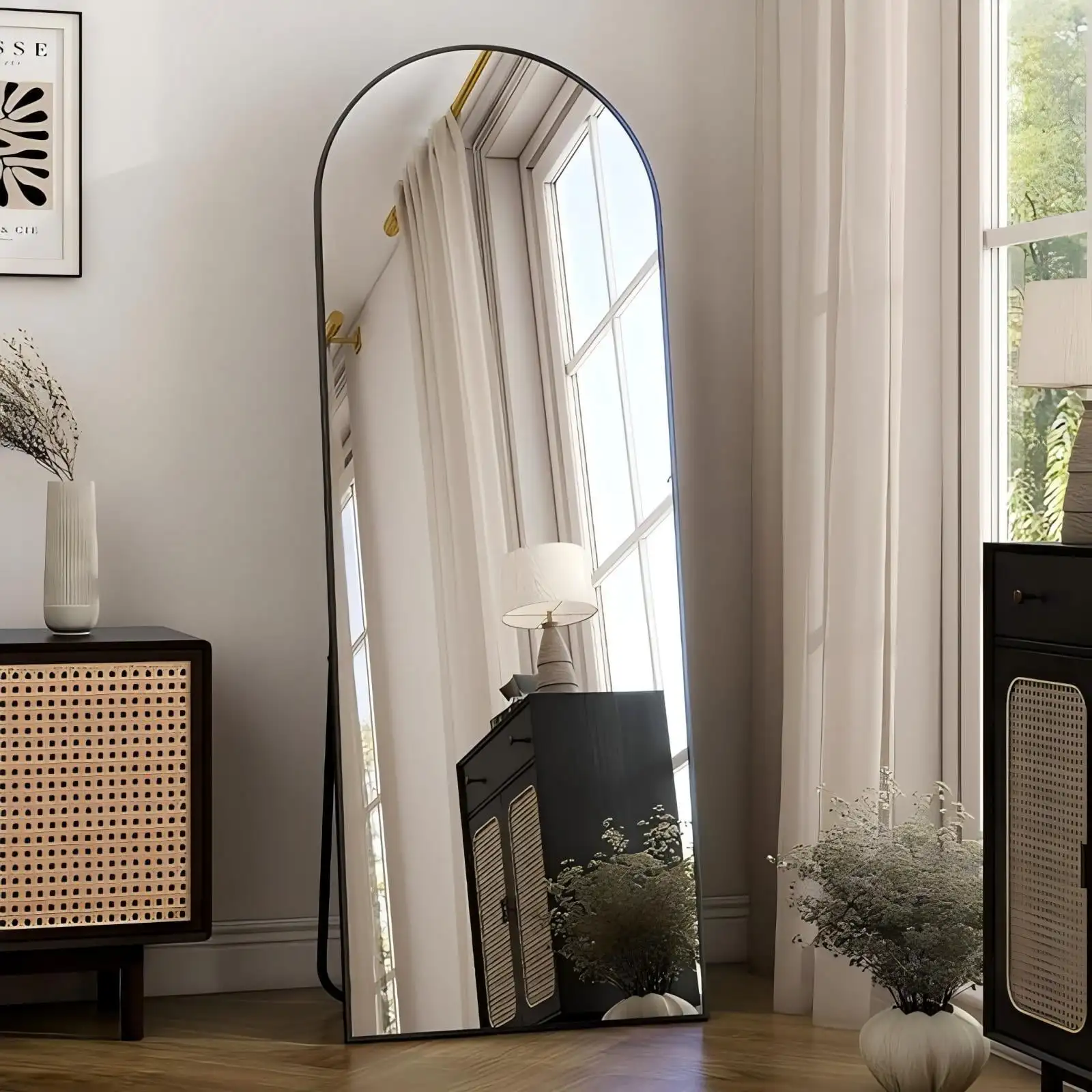59 inch gebogen spiegel over de volledige lengte Staande vloerspiegel Volledige lichaamsspiegel met beugel, aluminiumlegering, goud