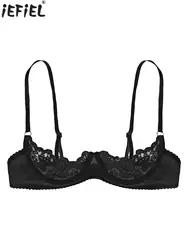 Women Floral Lace Bra Tops Transparent Half Cup Exposed Breasts Lingerie Underwired Unlined Bralette Hot Erotic Sexy Underwear