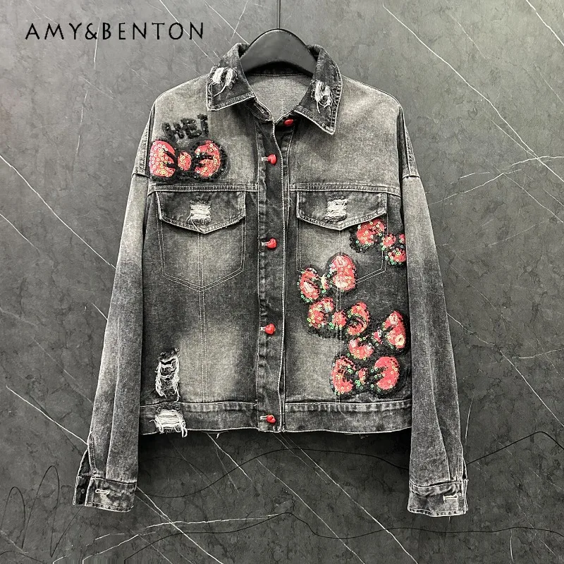 

Autumn Heavy Industry New Cartoon Ripped Y2k Denim Jacket Women's Loose Casual Fashion Versatile Top Heart Button Coat Outwear