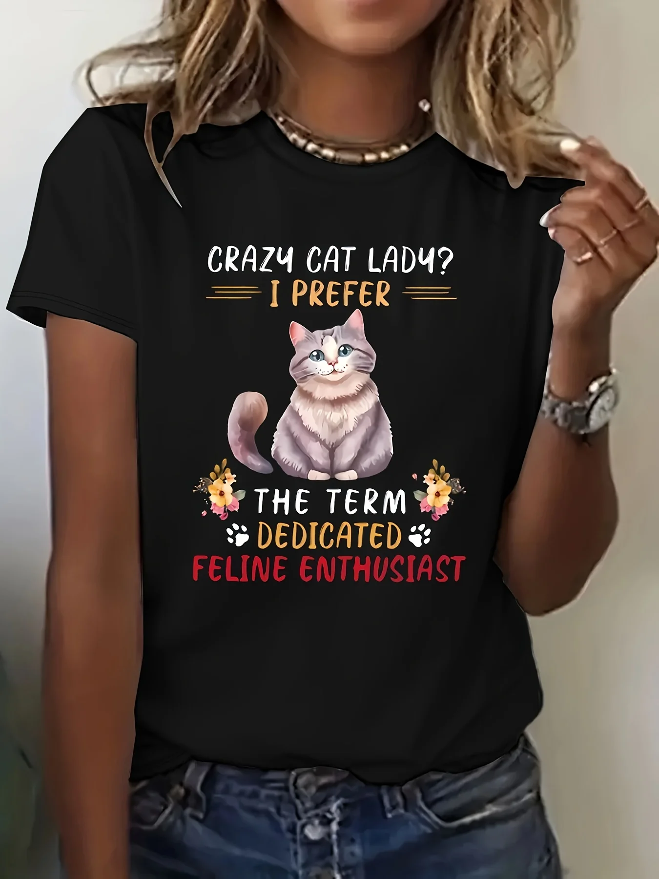 Kaos Gambar Kucing Ukuran Besar, Atasan Leher Kru Lengan Pendek Kasual Untuk Musim Semi & Musim Panas, Pakaian Ukuran Besar Wanita