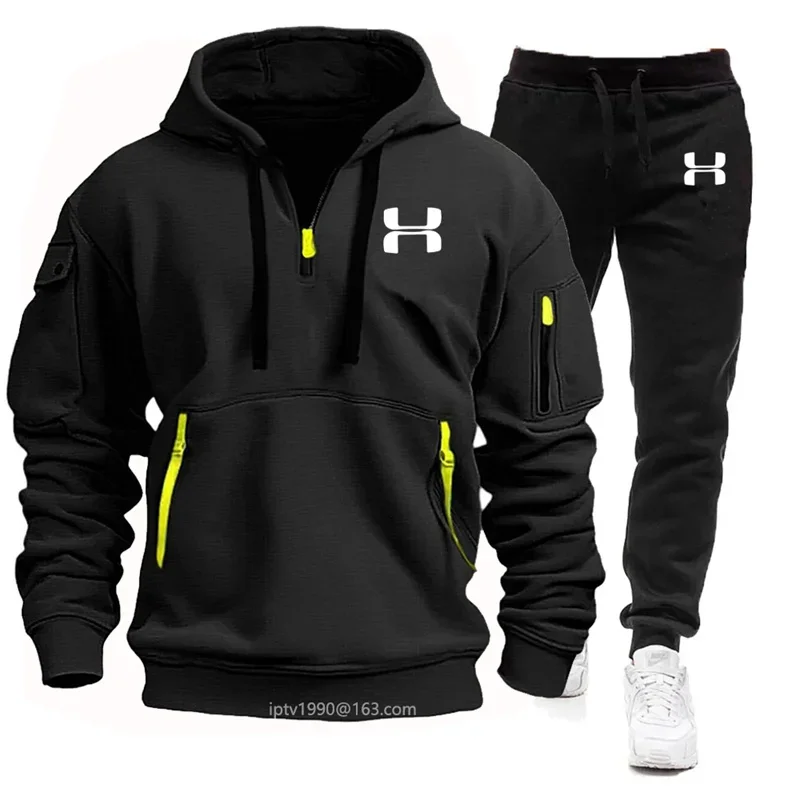 2024 new men\'s autumn and winter fitness jogging set multi-pocket zipper long-sleeved hoodie + sports casual pants two-piece set